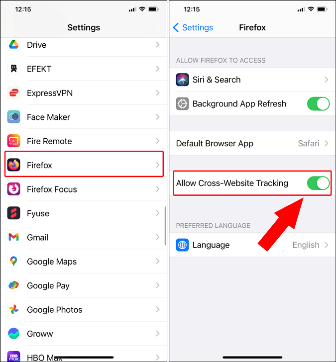 Cookies de Firefox y configuraciones de seguimiento en iOS