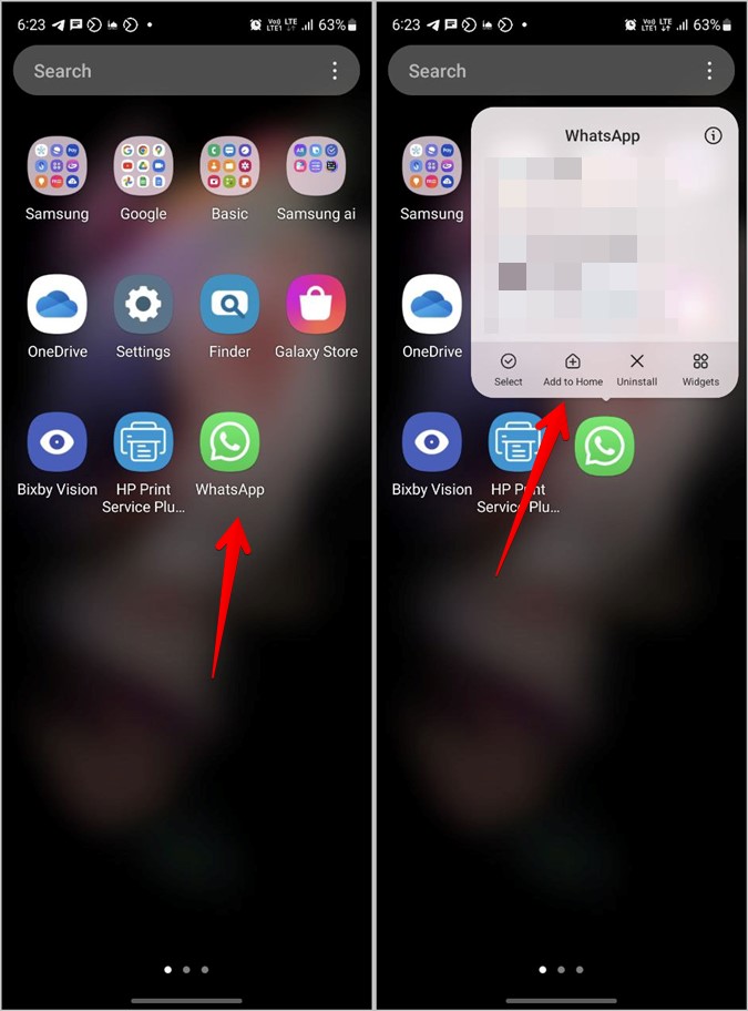 Pantalla de inicio de Samsung Whatsapp