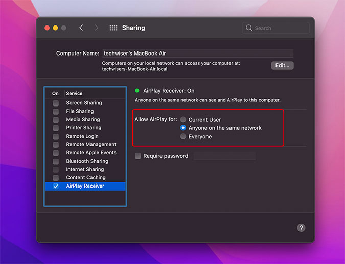 Configuración de privacidad del receptor de airplay