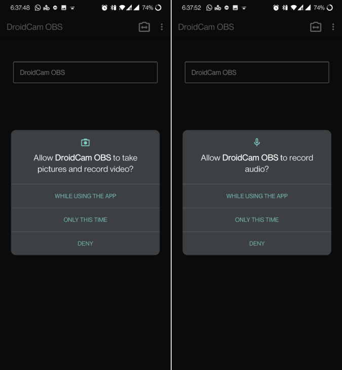 Dar permiso a la aplicación Droid Cam Obs