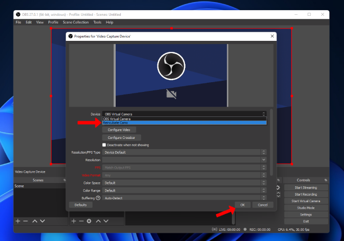 Seleccionar la fuente del dispositivo como camuflaje en OBS Studio