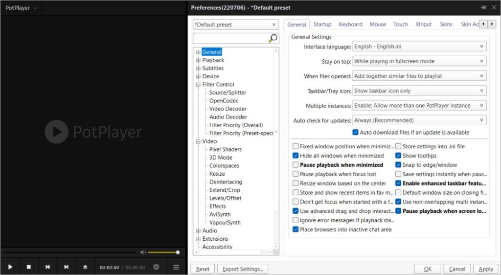 Configuración y opciones de Potplayer en Windows 11