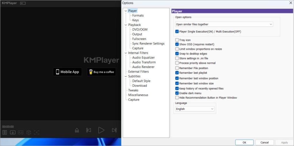 Kmplayer en Windows con opciones y configuraciones abiertas