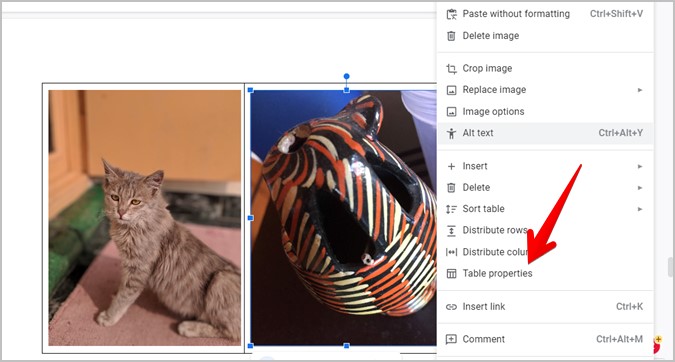 Propiedades de la tabla de Google Docs
