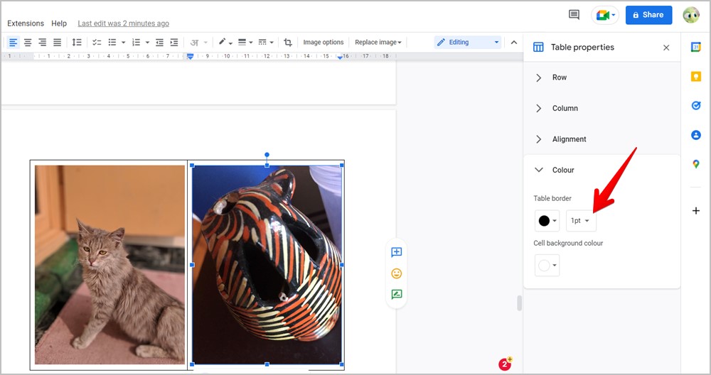 Borde de la tabla de documentos de Google