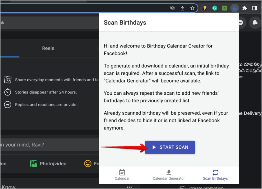 Iniciar escaneo en la extensión de exportación de cumpleaños de Facebook