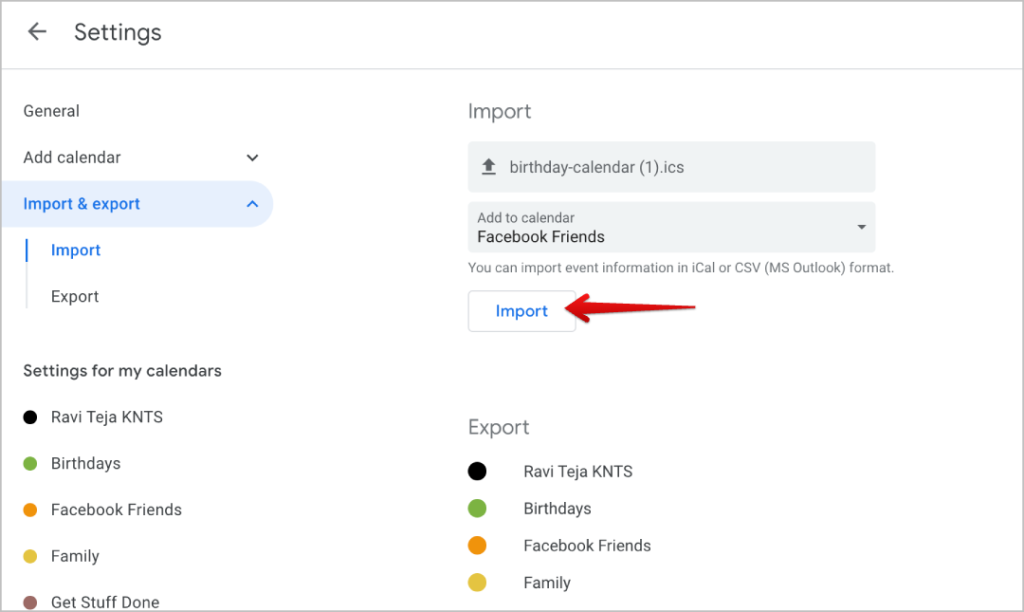 Haga clic en la opción de importación en el calendario de Google