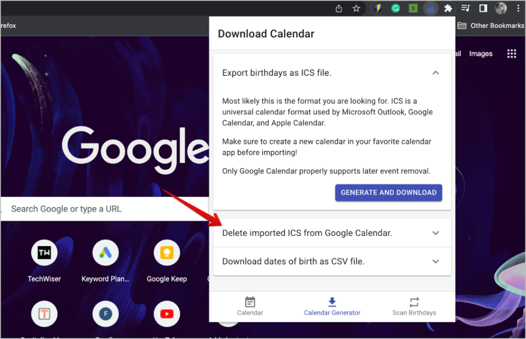 Eliminar los IC importados del calendario de Google