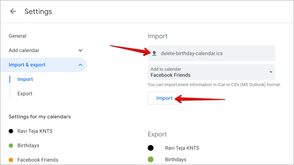 Importar calendario de cumpleaños Eliminar