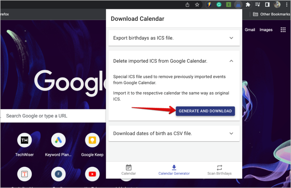 Genere y descargue para eliminar los datos del ICS en el calendario de Google