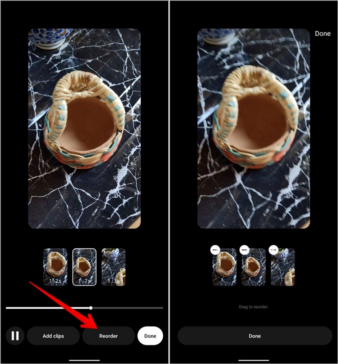 Clips de reorden de carrete de Instagram