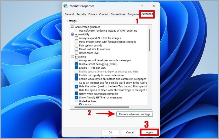 Restablecer las propiedades de Internet en Windows 11