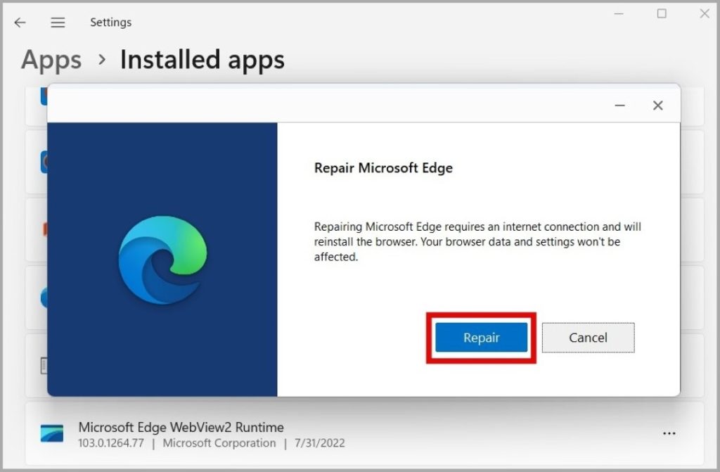 Repare Microsoft Edge en Windows 11