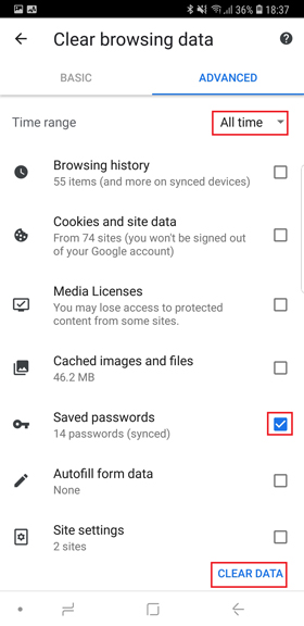 Cómo verificar la contraseña guardada en los datos de Chrome Mobile- Borrar
