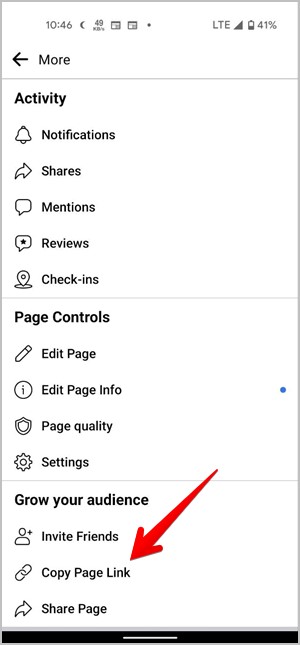 Enlace de copia de la página móvil de Facebook