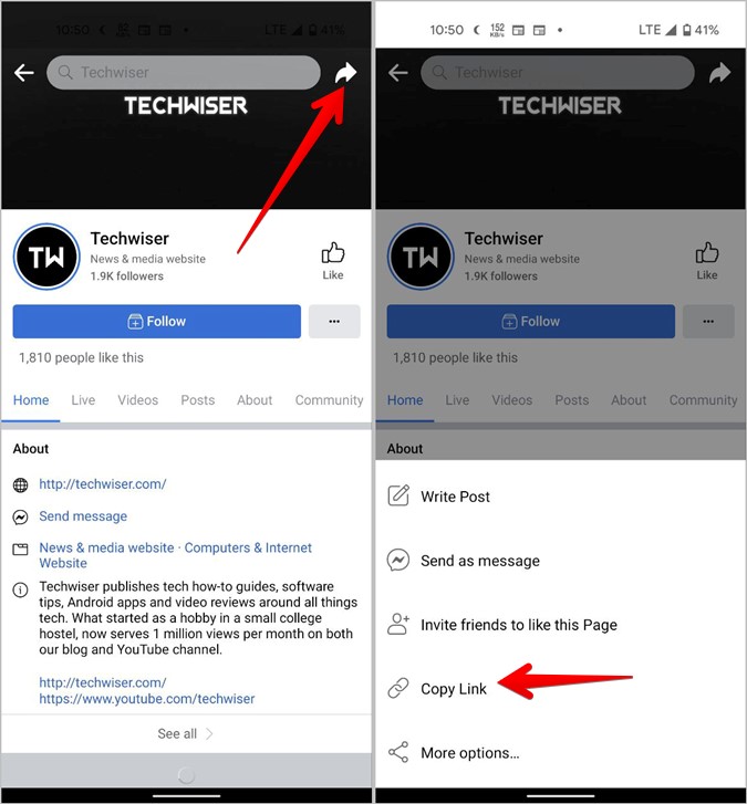 Enlace de la página móvil de Facebook