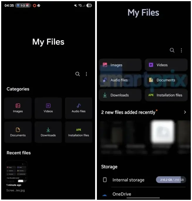 Una aplicación UI 7 vs One UI 8 Archivos