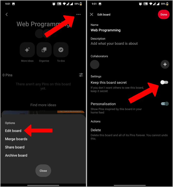 Hacer un tablero de Pinterest existente en privado en dispositivos móviles 