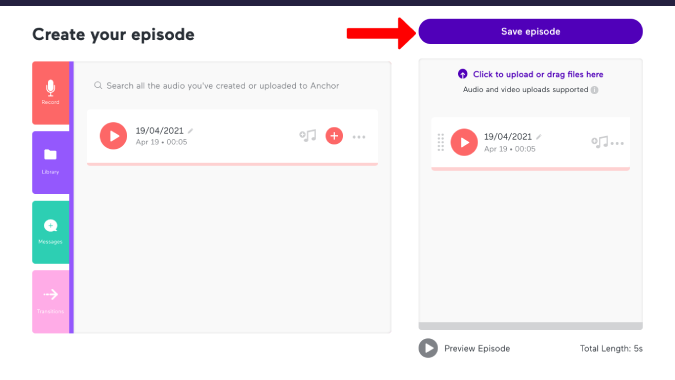 Saving de podcast Episodio en Anchor