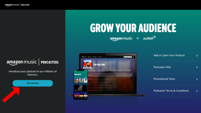 Página de inicio de Amazon Podcasters