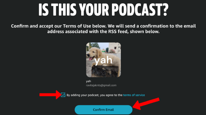 Confirmando el correo electrónico para verificar el podcast en Amazon Music