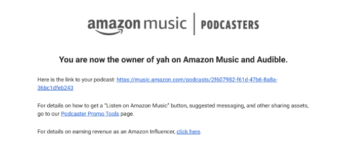 Correo electrónico Confirmando podcast cargado en Amazon Music