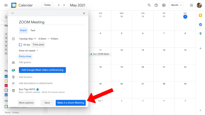 Hacer el evento como una reunión de zoom
