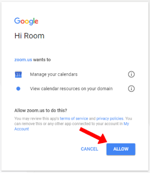 Inicie sesión en la cuenta de Google y otorgue los permisos a las habitaciones de Zoom