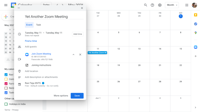 Reunión de zoom creada desde el calendario de Google