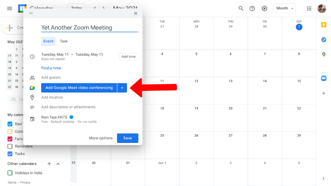 Haga clic en Google Meet Dresh Down Ion Google Calendar