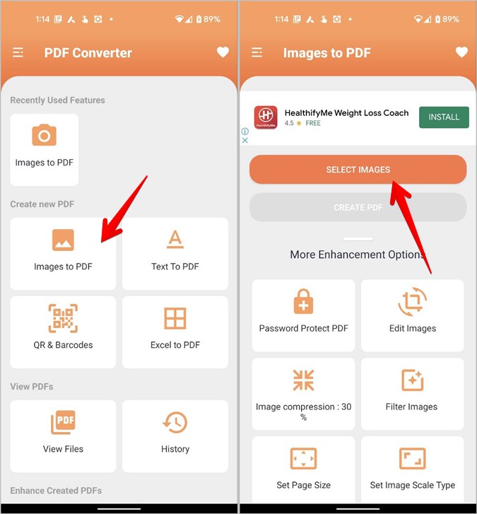 Seleccione imágenes o escaneos en el convertidor PDF