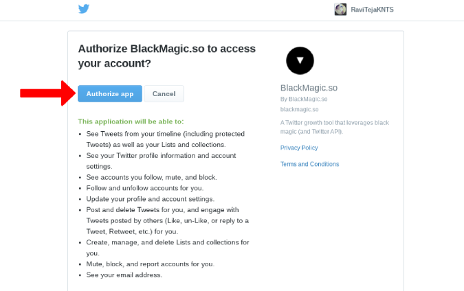 Autenticando la aplicación Twitter de Black Magic