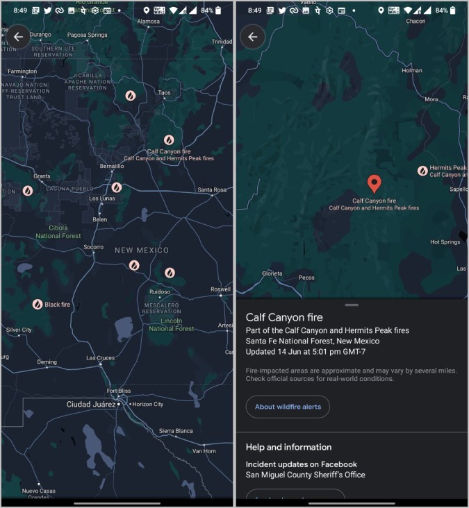 Revisando incendios forestales en Google Maps