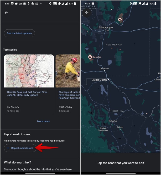Bloqueo de carreteras para datos de incendios forestales en Google Maps