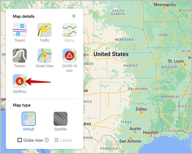 Opciones de incendios forestales en la aplicación web de Google Maps
