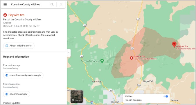 Datos de incendios forestales en Google Maps