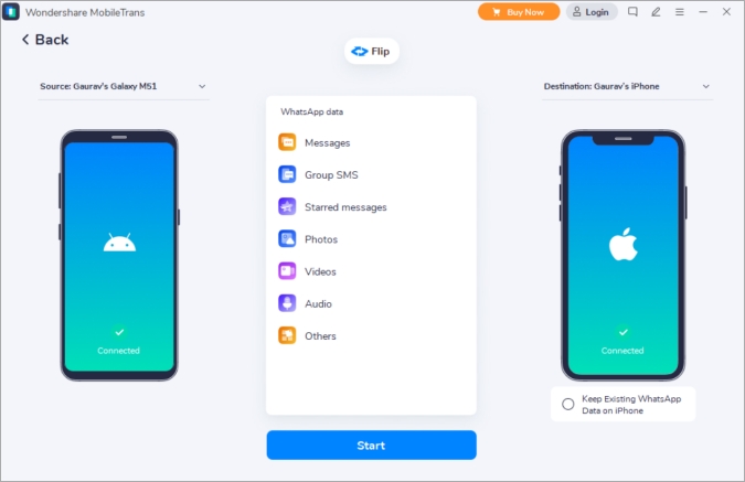 Elija si desea mantener los datos de WhatsApp existentes en iPhone en Mobiletrans