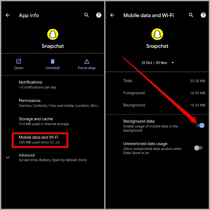 Deshabilitar la actualización de la aplicación de fondo para Snapchat en Android