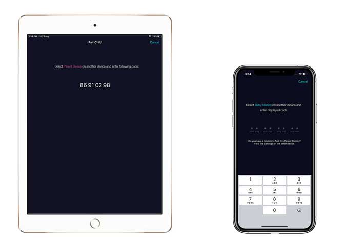 iPad que muestra el código y el iPhone esperando que se ingrese el código