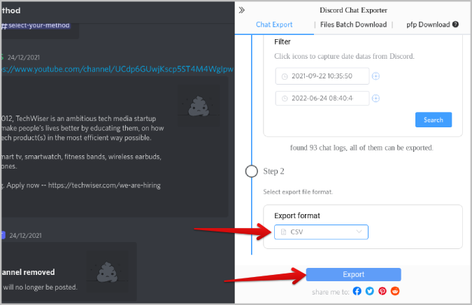 Seleccionar el formato de exportación en Discord