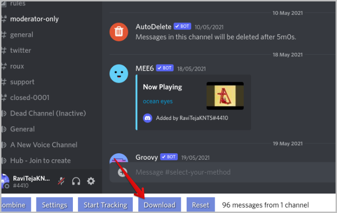 Descargar los mensajes rastreados en Discord