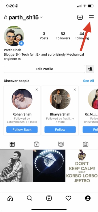 Abra Instagram más menú