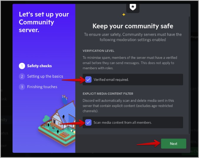 Verificaciones de seguridad para habilitar la comunidad en discordia