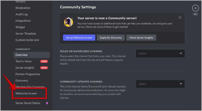 Opción de pantalla de bienvenida en la configuración del servidor Discord