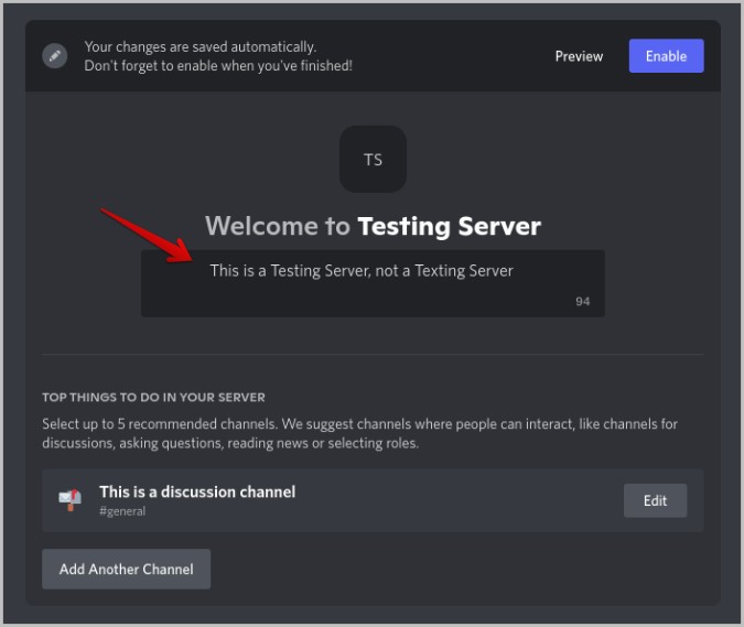 Mensaje de bienvenida en la pantalla de bienvenida en Discord