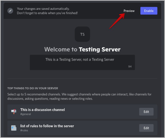 Vista previa del mensaje de bienvenida en Discord