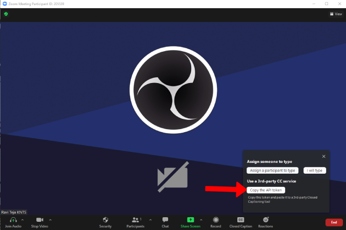 Copiar el token API de zoom subtítulos