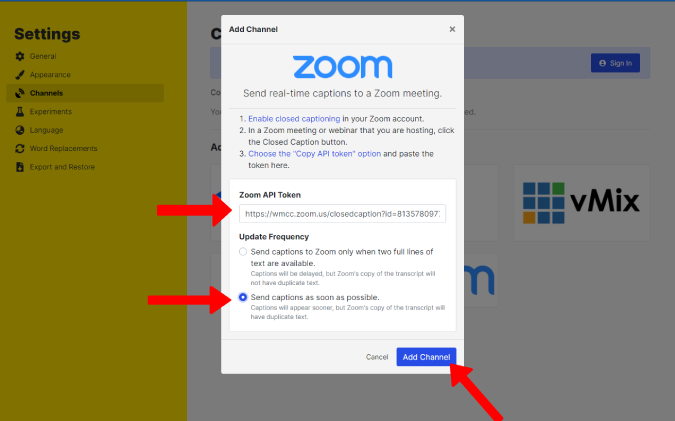 Pastar el token de la API de zoom en el subtitulador web