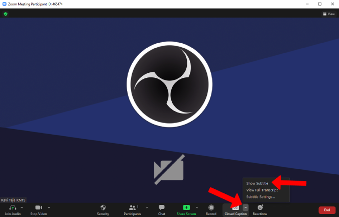 Habilitación de la opción Show Subtitles en Zoom