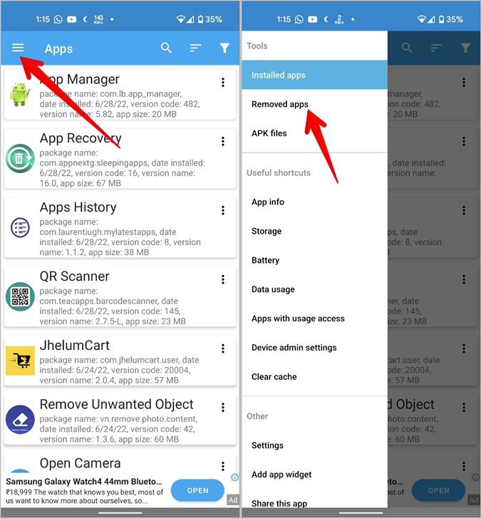 Vista de aplicaciones de Android aplicaciones eliminadas